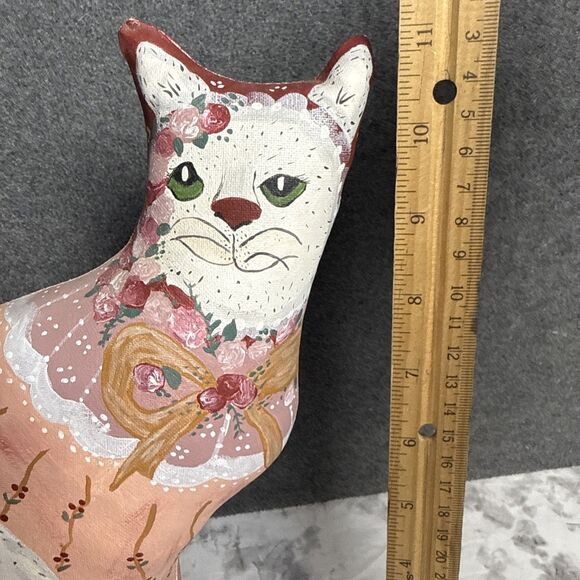 Hand Painted Oil Cloth Canvas Floral Cat Signed Folk Art Figure 10.5" Stuffed - Picture 2 of 7